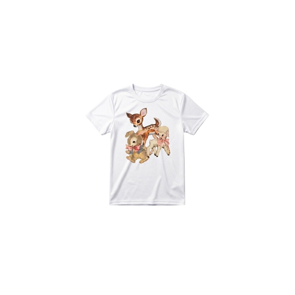 Vintage Style Deer Bunny Lamb Graphic Tee White Short Sleeve T-Shirt Small